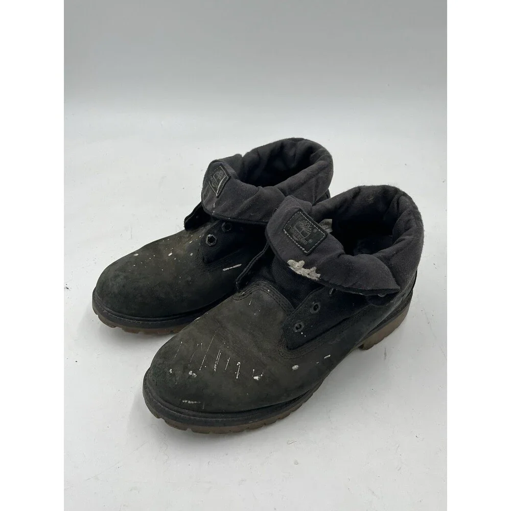 Timberland Mens Black Roll Top Leather Boots Size 8 Lace Up Work Boots